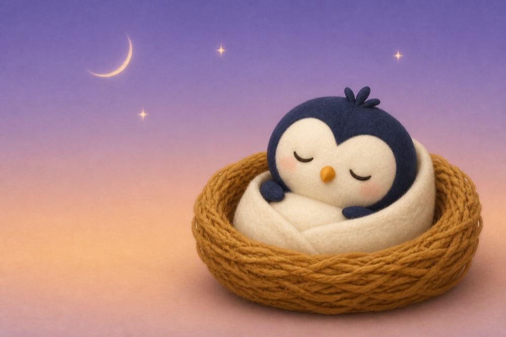 Pip the owlet as a swaddled newborn